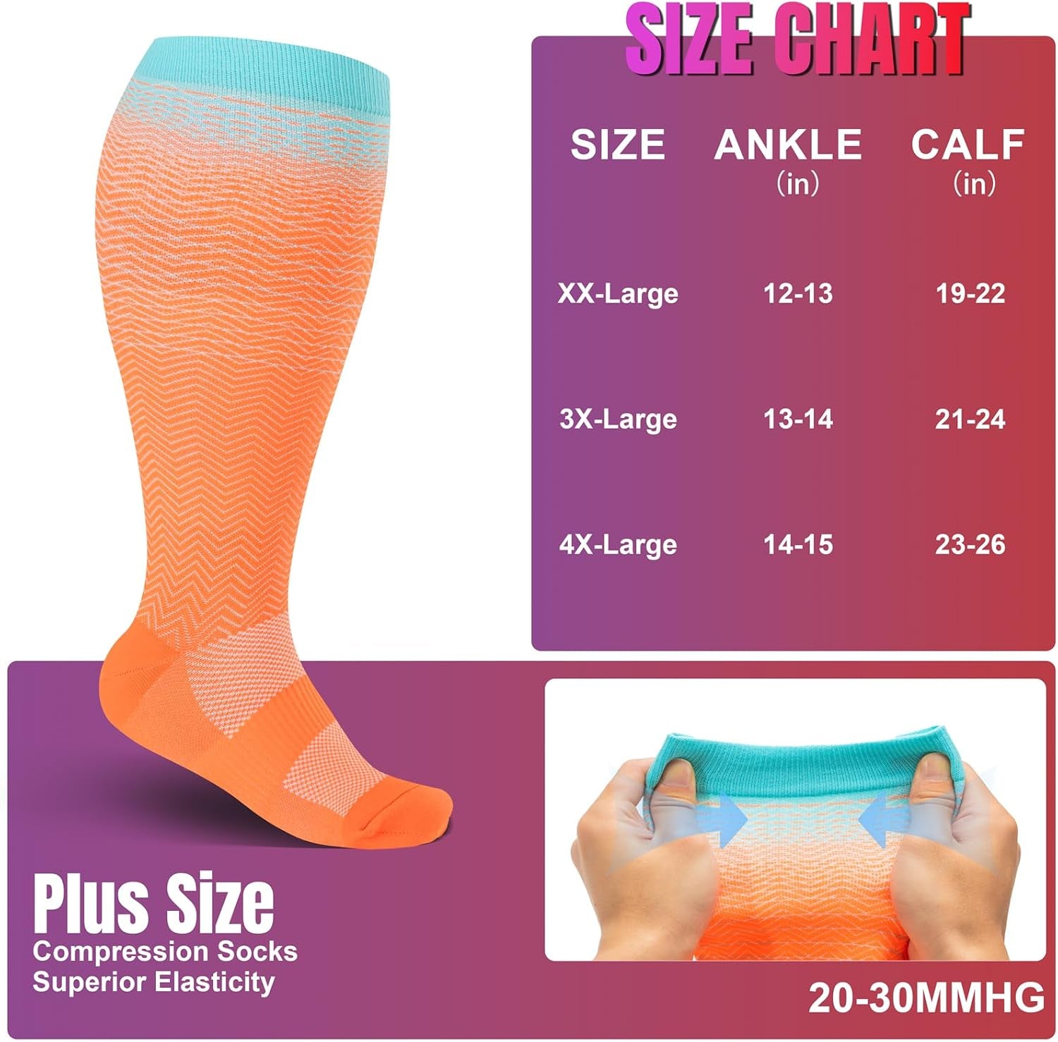 3/4 Pairs plus Size Compression Socks for Women & Men 20-30 Mmhg-Extra Wide Calf Support Socks for Medical,Running