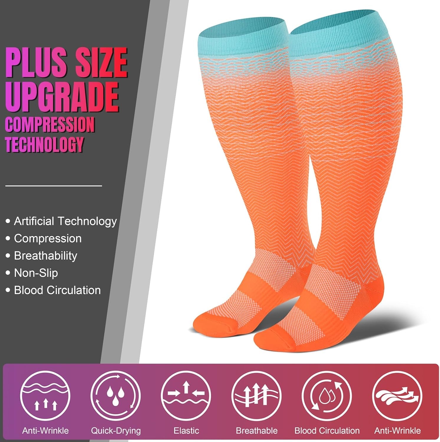 3/4 Pairs plus Size Compression Socks for Women & Men 20-30 Mmhg-Extra Wide Calf Support Socks for Medical,Running